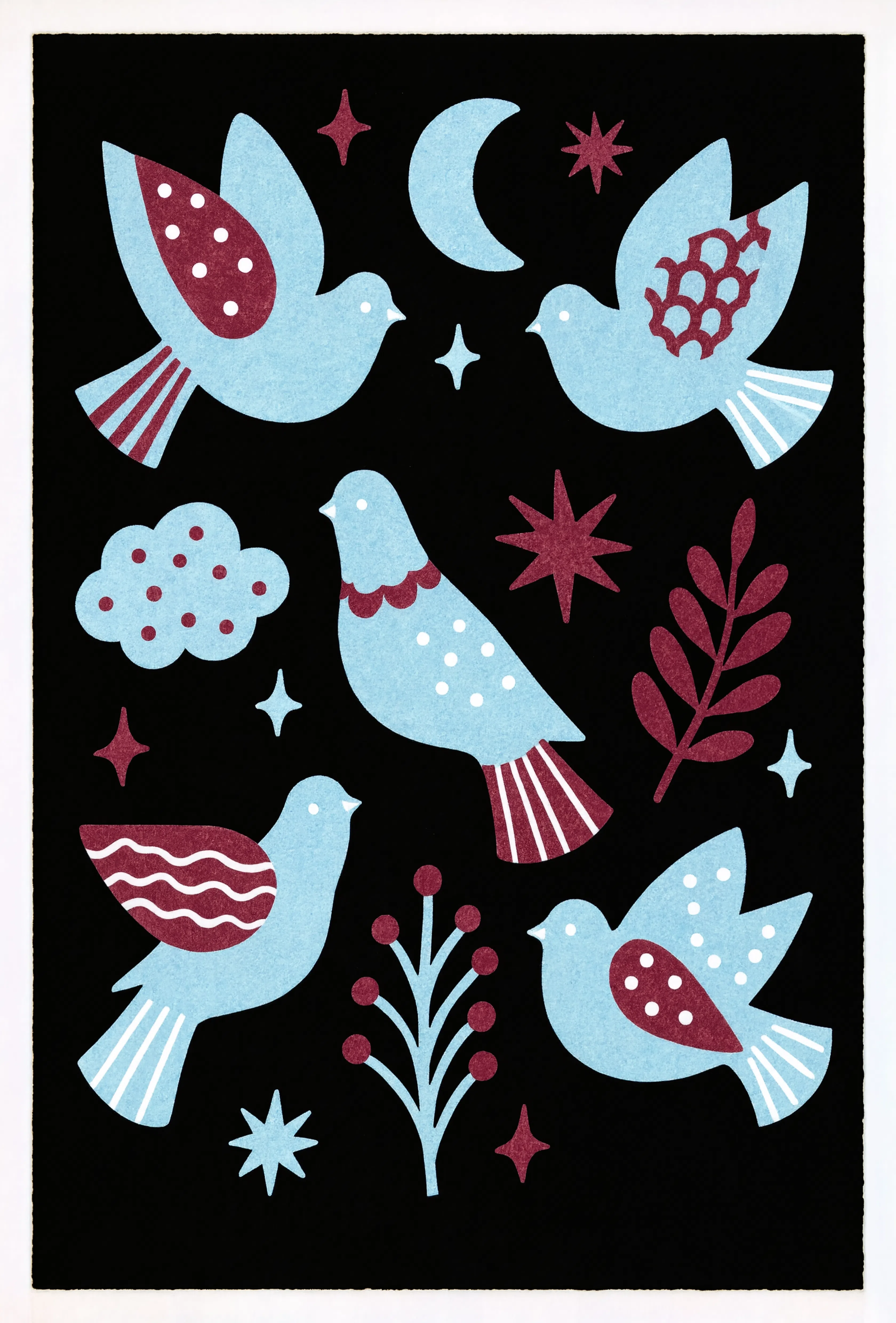 Autumn Blue Birds | Contemporary Botanical Illustration Art Print