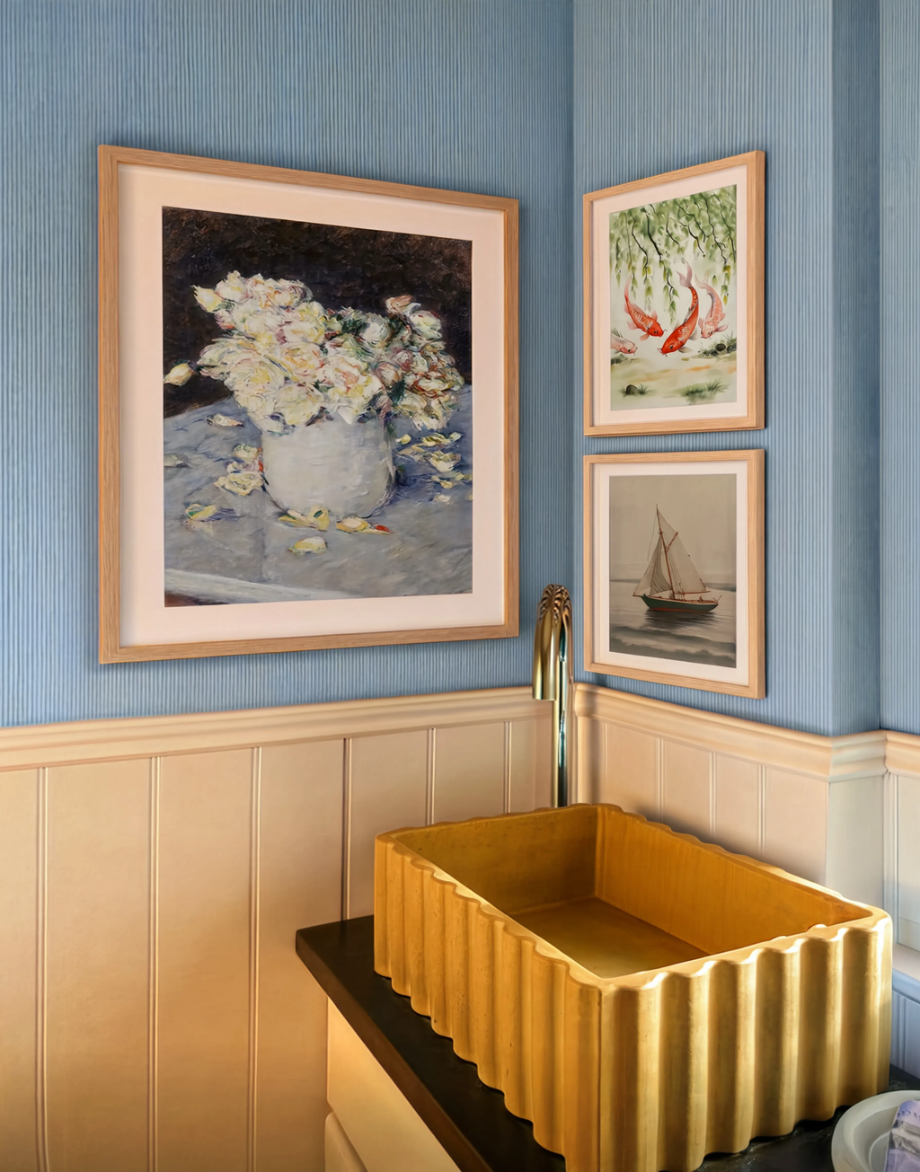 Set of 3 Wall Art Prints – Yellow Roses by Gustave Caillebotte, Koi Fish & Lotus & Green Sailboat Collection