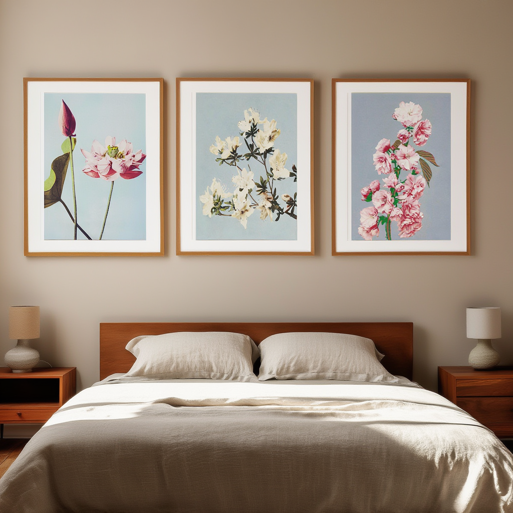 Set of 3 Floral Prints – Cherry Blossom, Azaleas & Lotus Flowers by Ogawa Kazumasa - Hakyarts
