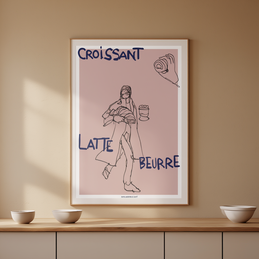 Croissant, Latte, Beurre – Modern Kitchen Lifestyle Poster – Contemporary Wall Art Print