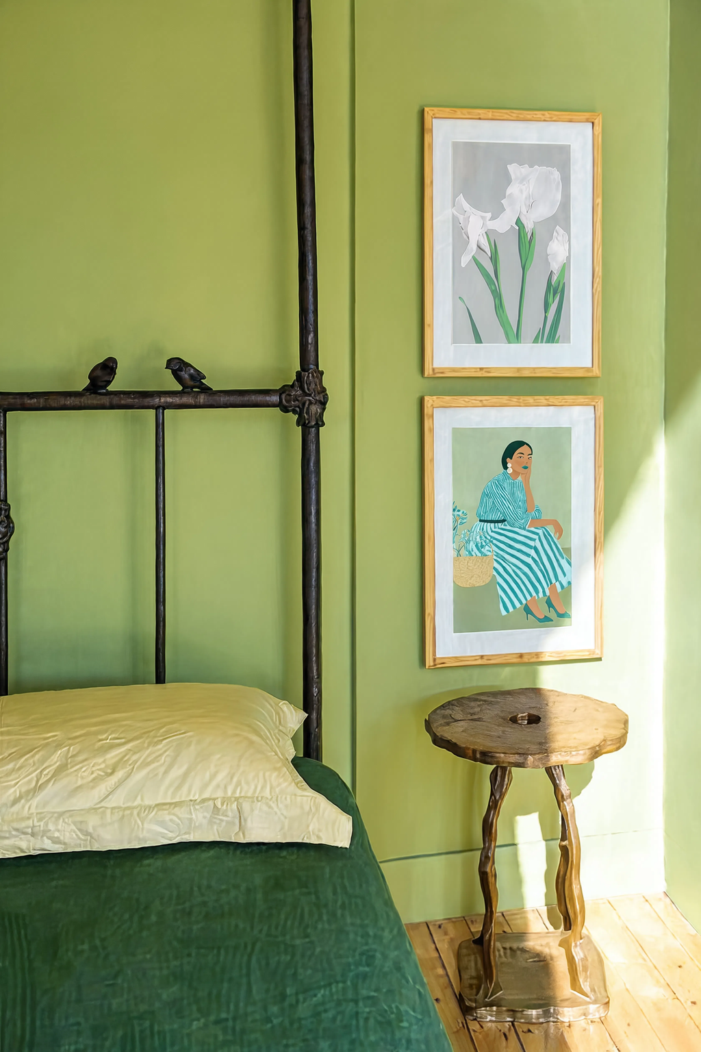 Set of 2 Wall Art Prints | Teal Striped Seated Woman & White Irises by Ogawa Kazumasa