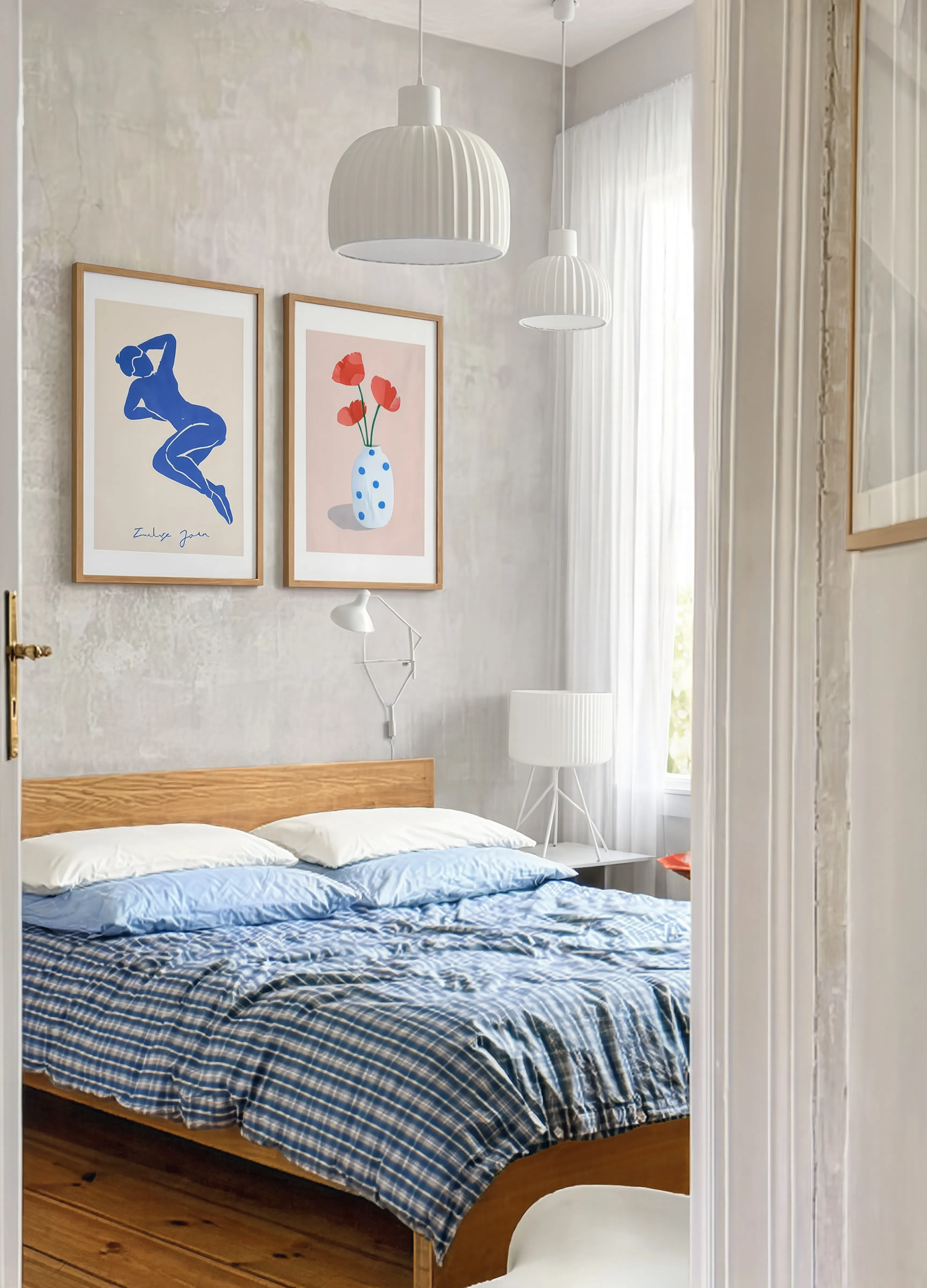 Set of 2 Blue Female Figure & Polka Dot Vase Prints | Contemporary Figurative & Still Life Wall Art Set