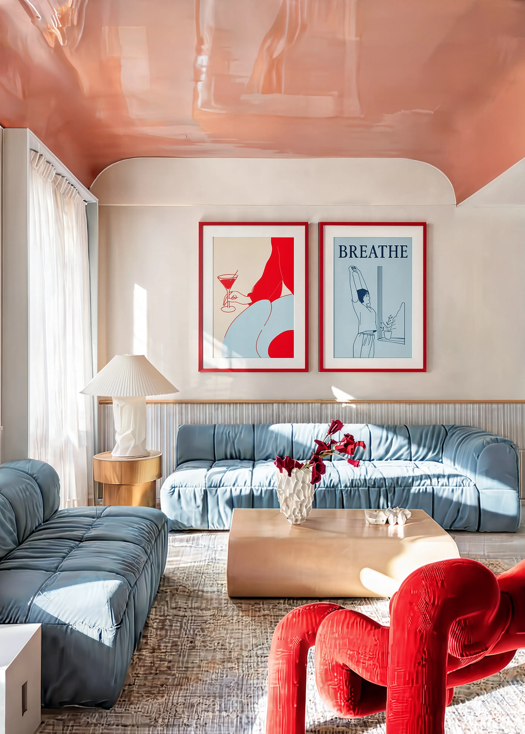 Set of 2 Red & Pale Blue Martini | Contemporary Cocktail Wall Art Print | Breathe | Minimalist Quote Wall Art
