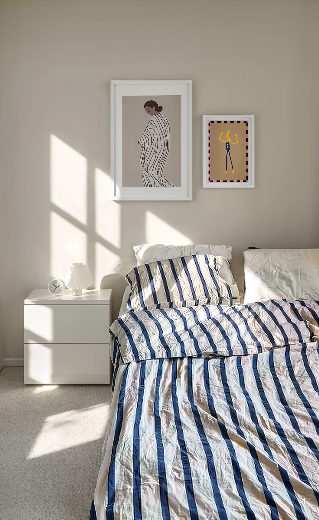 Set of 2 Crescent Moon Figure & Striped Drapery Figure – New Pose II | Contemporary Figurative Wall Art Set