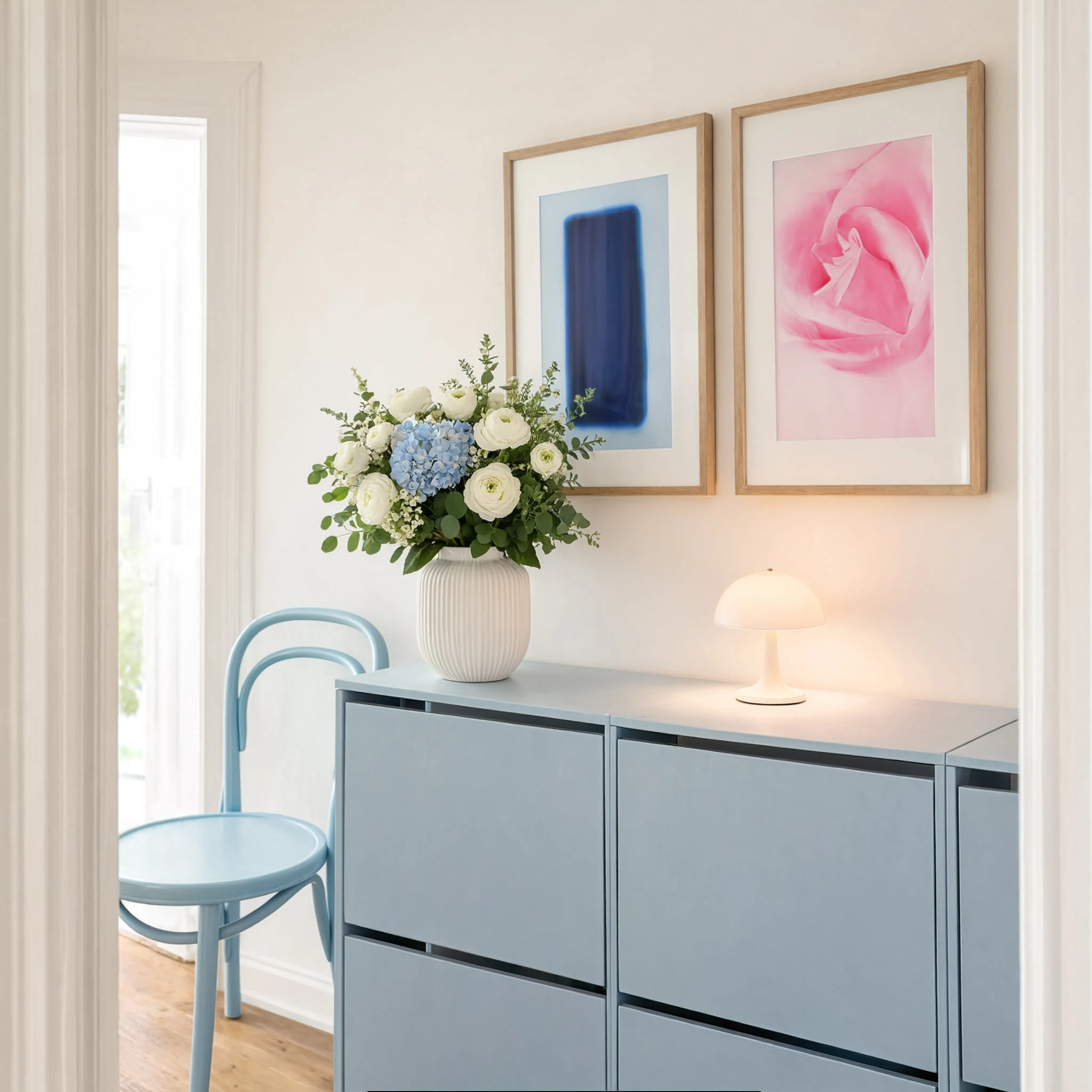 Set of 2 Pink Rose & Blue Prismatic Pulse Wall Art Prints – Vibrant Floral and Kaleidoscope Gallery Set
