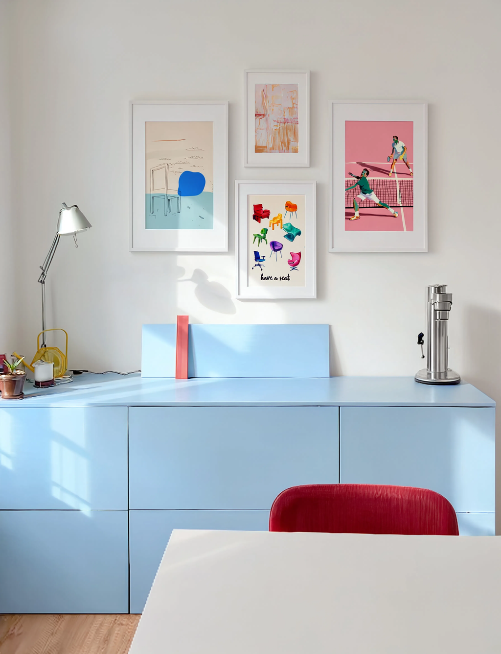 Set of 4 Modern Lifestyle & Abstract Wall Art Prints – Tennis, Chairs & Contemporary Gallery Set