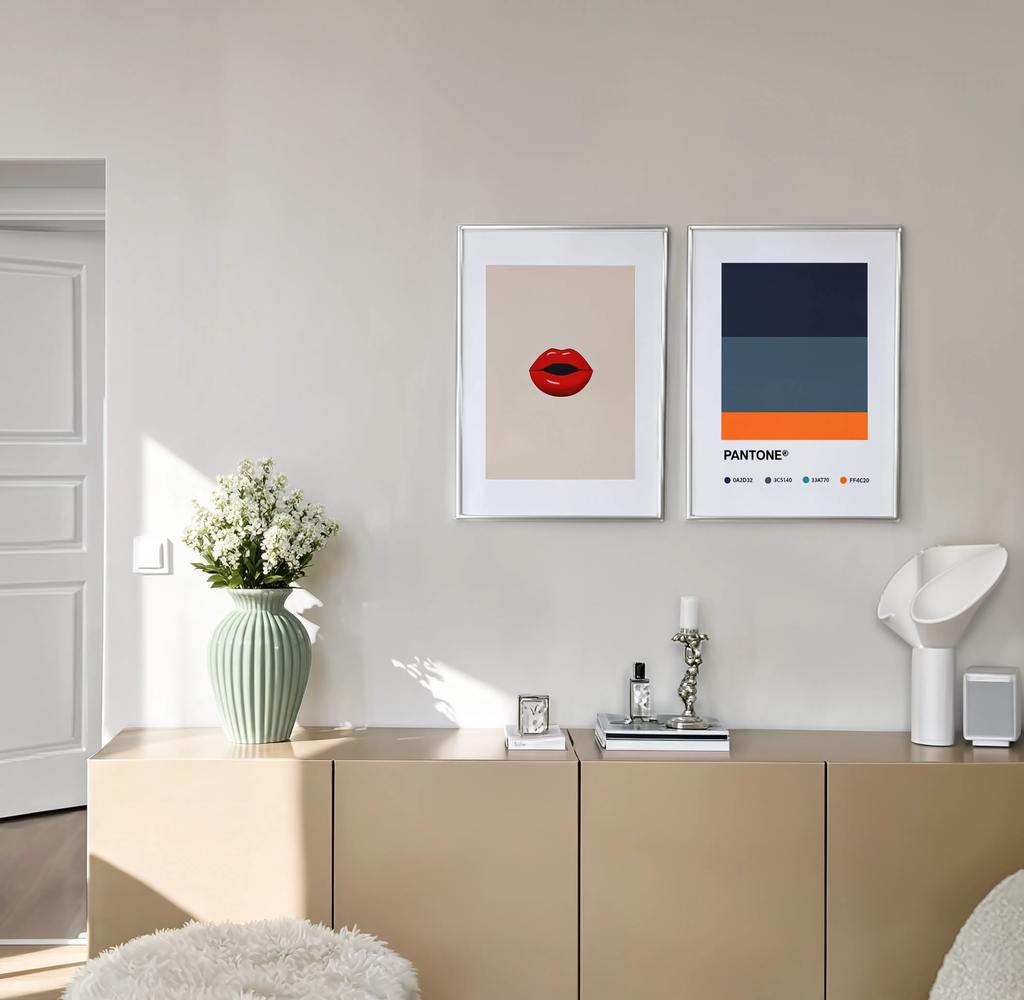 Set of 2 Minimalist Colour-Inspired Wall Art Prints – Red Lips & Pantone Inspired Sheet Gallery Set