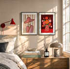 Set of 2 Poppy Bouquet Still Life & Burgundy Hat | Contemporary Floral & Figurative Art Prints