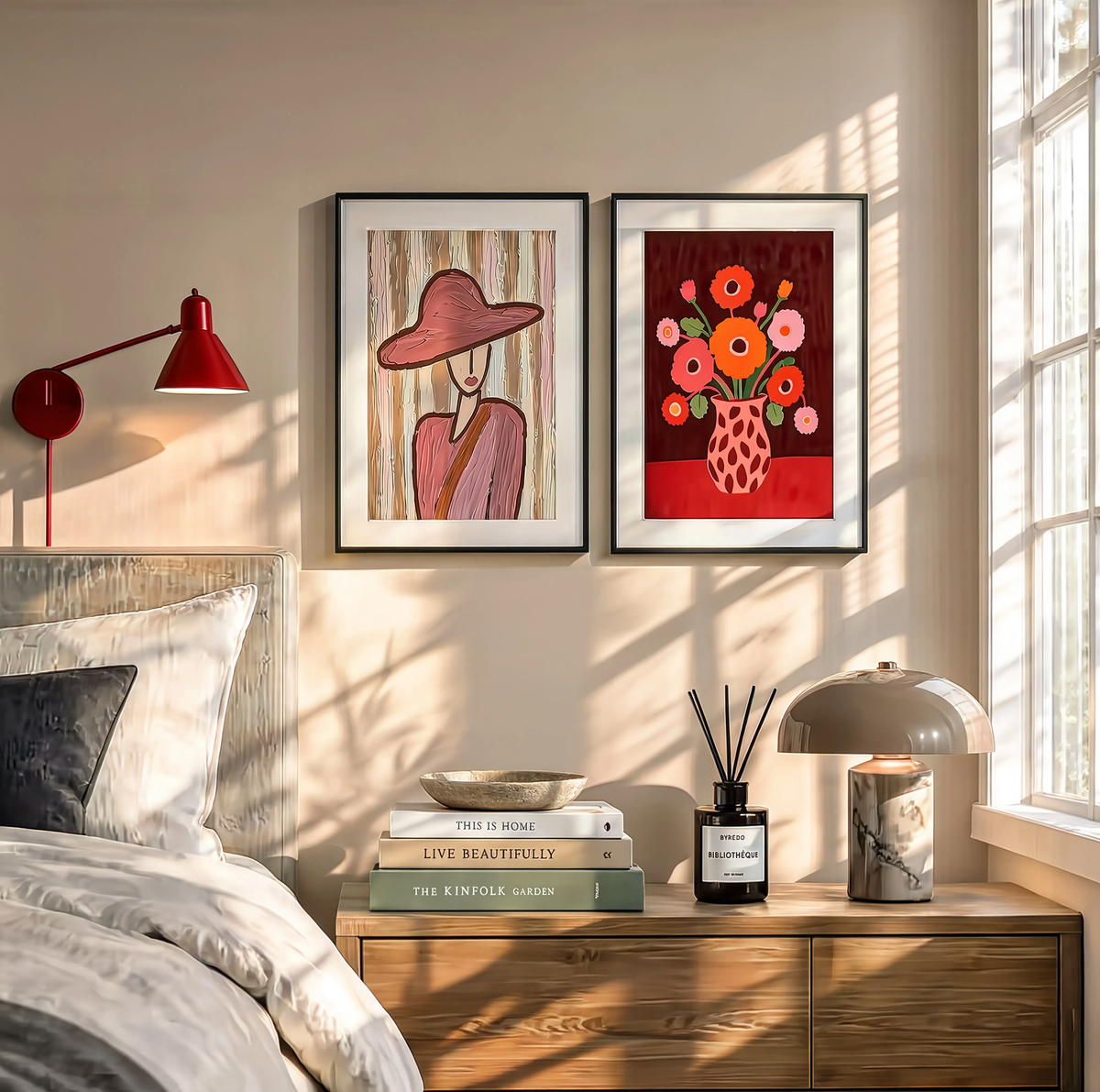 Set of 2 Poppy Bouquet Still Life & Burgundy Hat | Contemporary Floral & Figurative Art Prints