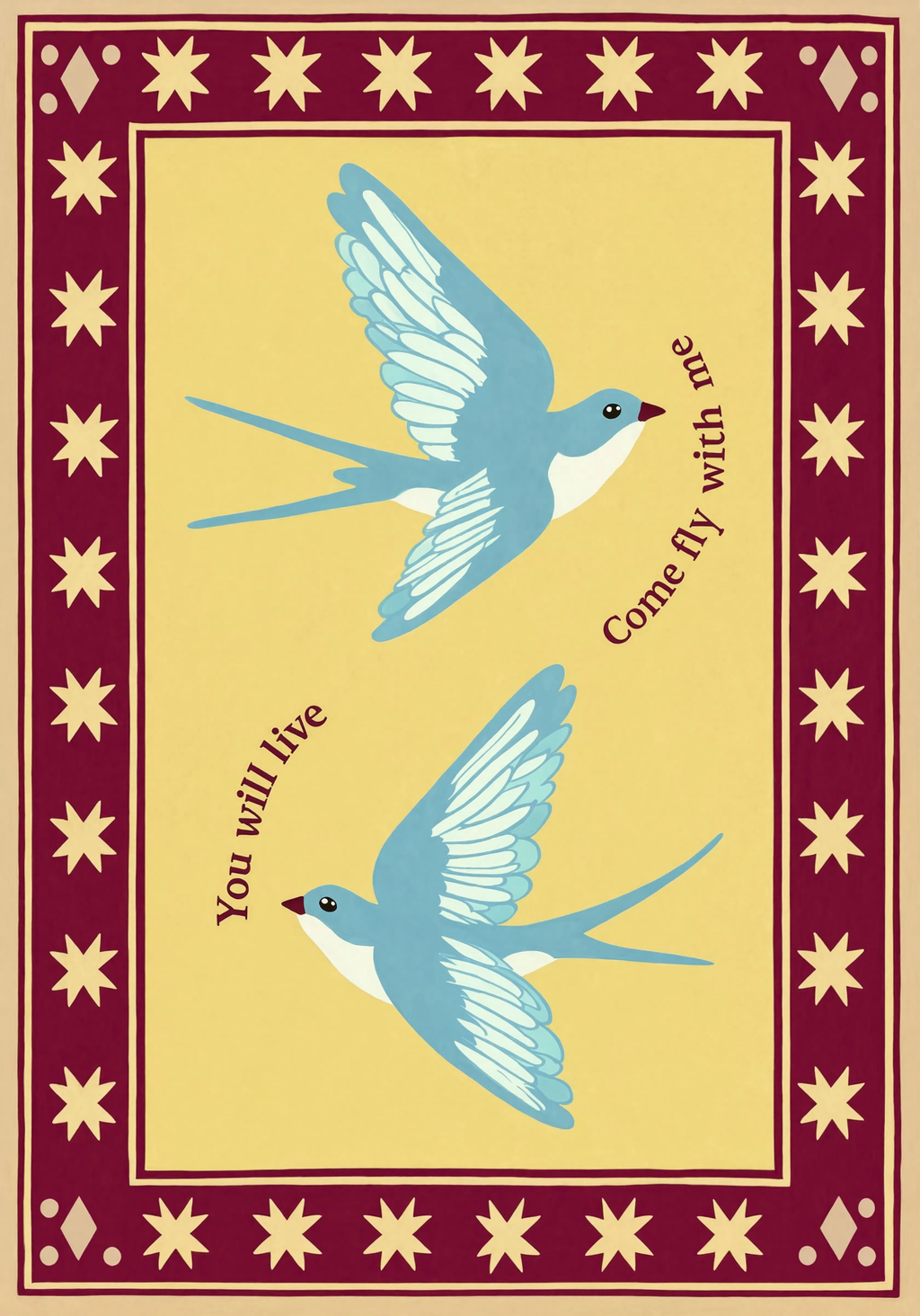 Burgundy Folk Birds | Contemporary Folk Wall Art Print