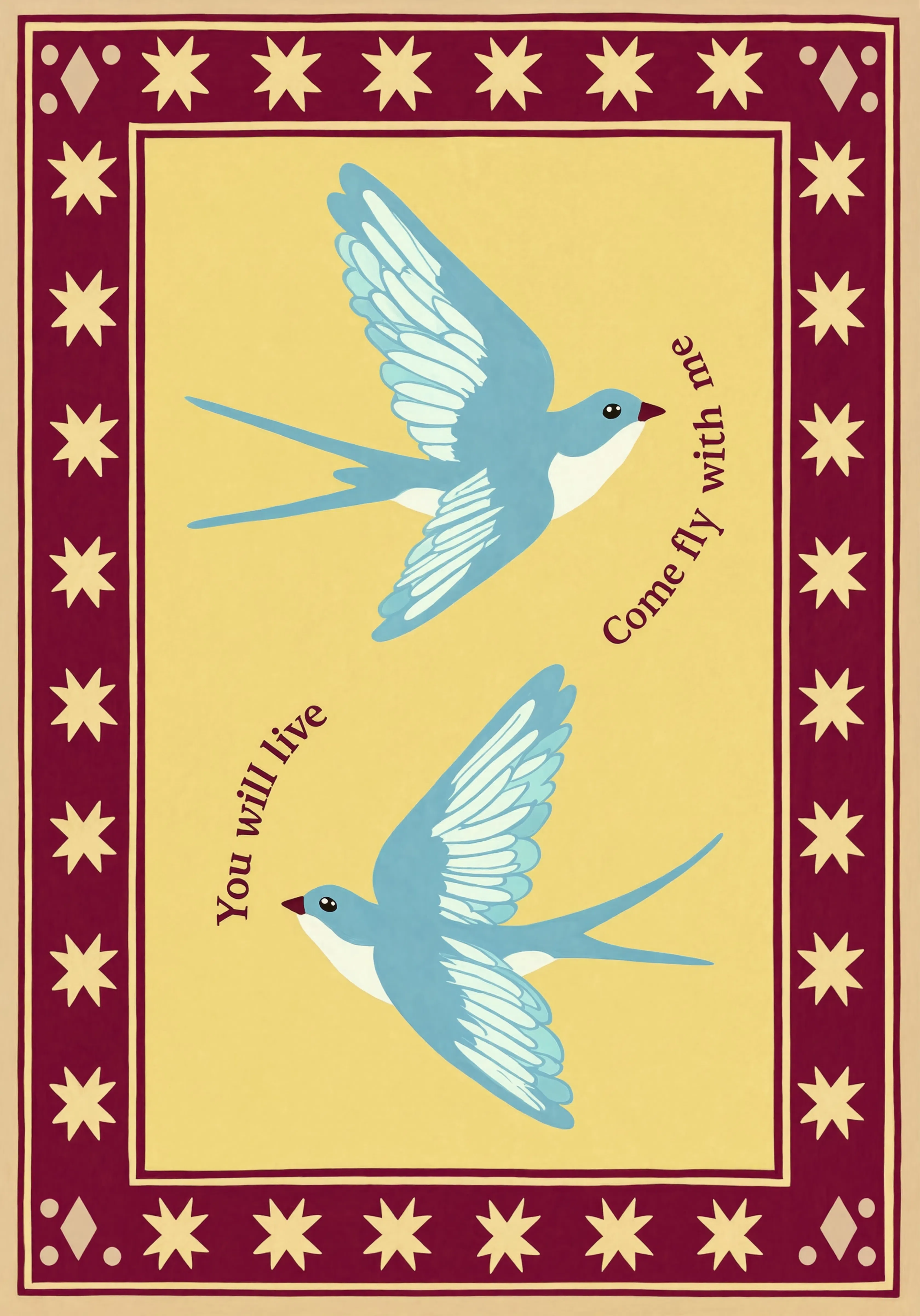 Burgundy Folk Birds | Contemporary Folk Wall Art Print