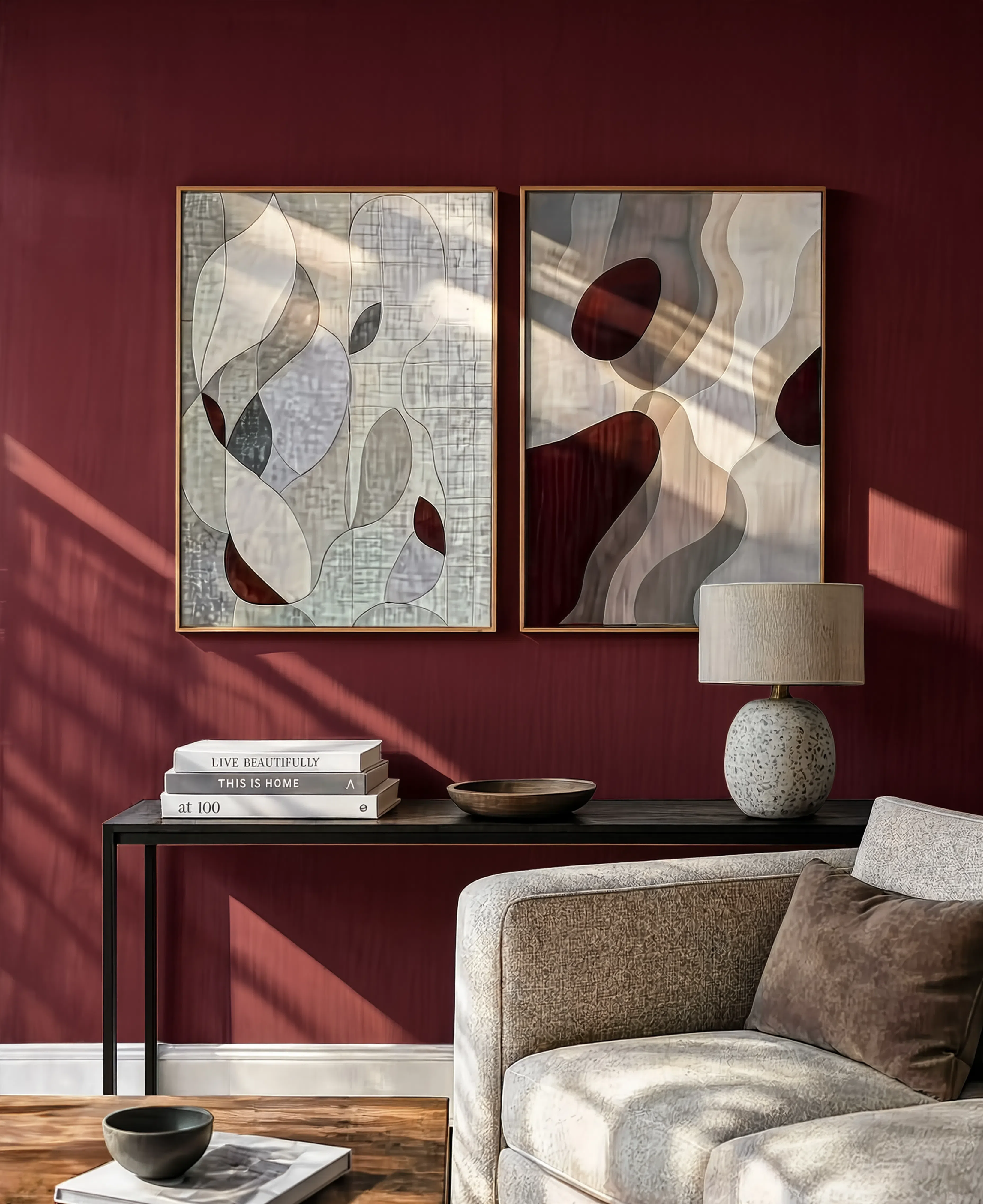 Set of 2 Layered Petal & Burgundy Fields | Contemporary Abstract Art Prints