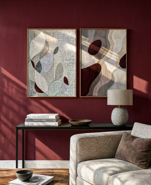 Set of 2 Layered Petal & Burgundy Fields | Contemporary Abstract Art Prints
