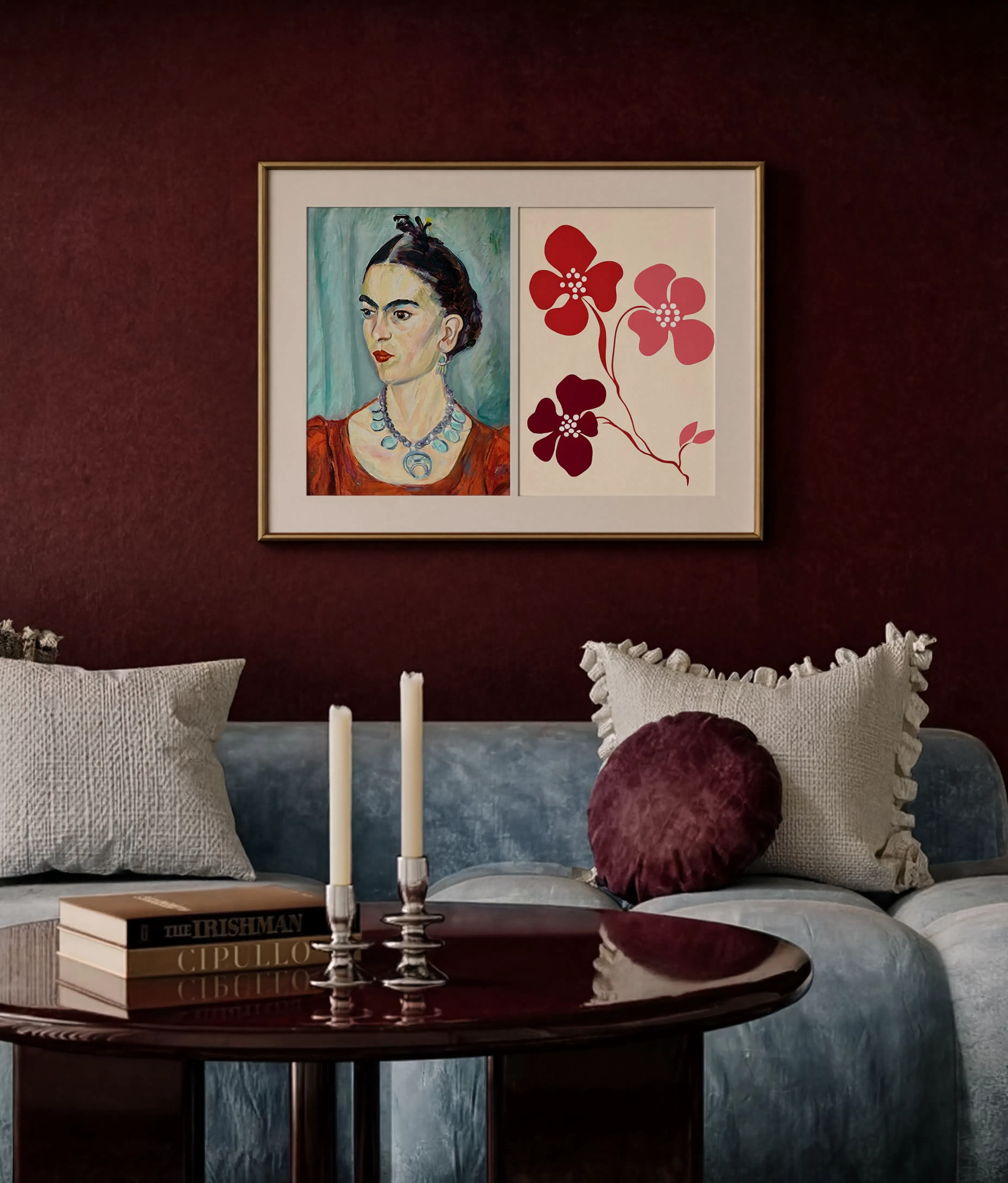 Set of 2 Frida Kahlo Portrait & Red & Pink Floral Poster | Contemporary Wall Art Set