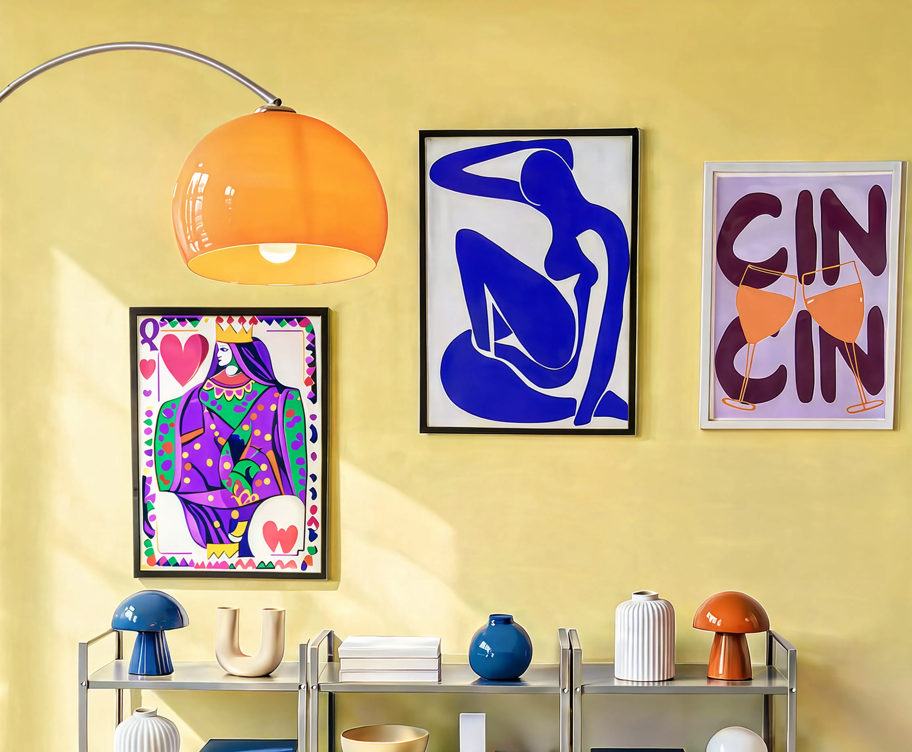 Set of 3 Minimalist Colour & Line Art Prints – Cin Cin, Abstract Line Art & Queen of Hearts Gallery Set