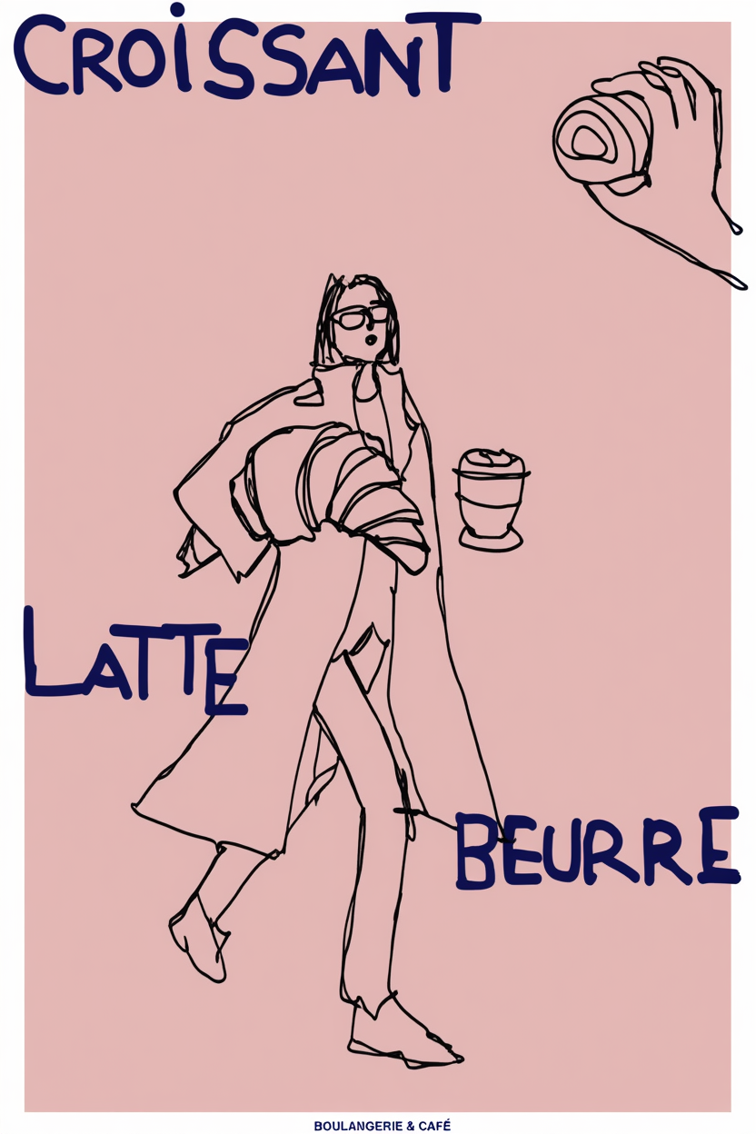 Croissant, Latte, Beurre – Modern Kitchen Lifestyle Poster – Contemporary Wall Art Print