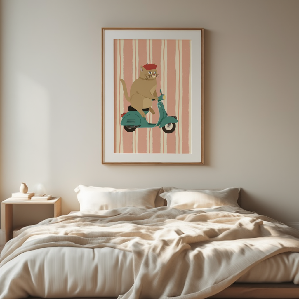 Scooter Cat – Pink Stripes – Minimalist Wall Art Print