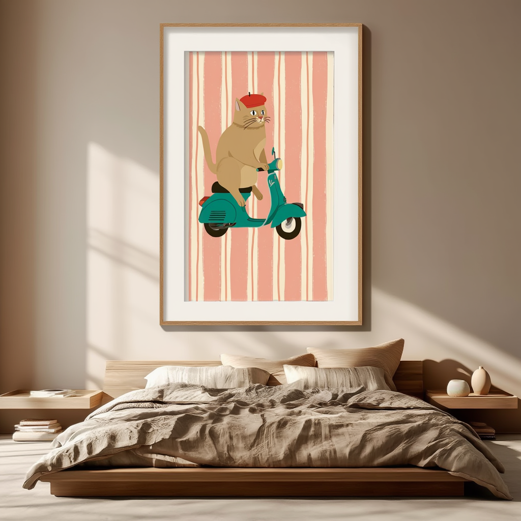 Scooter Cat – Pink Stripes – Minimalist Wall Art Print