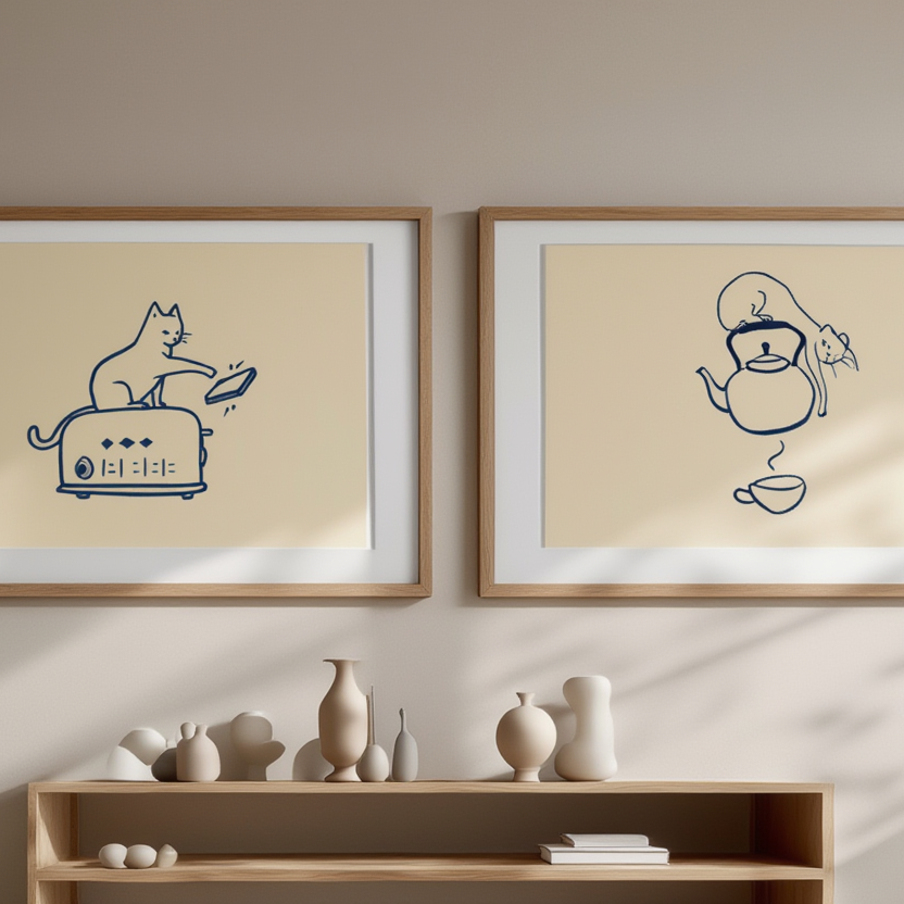 Set of 2 Cat with Toaster & Teapot Prints – Cozy Kitchen Cat Art