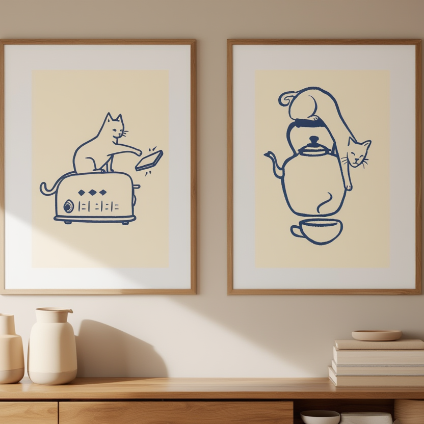 Set of 2 Cat with Toaster & Teapot Prints – Cozy Kitchen Cat Art