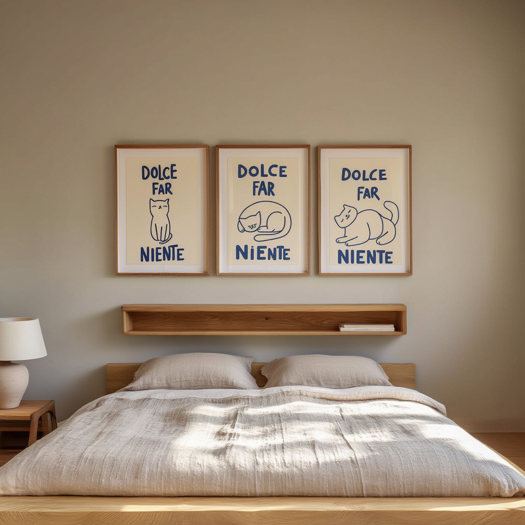 Set of 3 Dolce Far Niente Cat Whimsical Prints – “The Sweetness of Doing Nothing”
