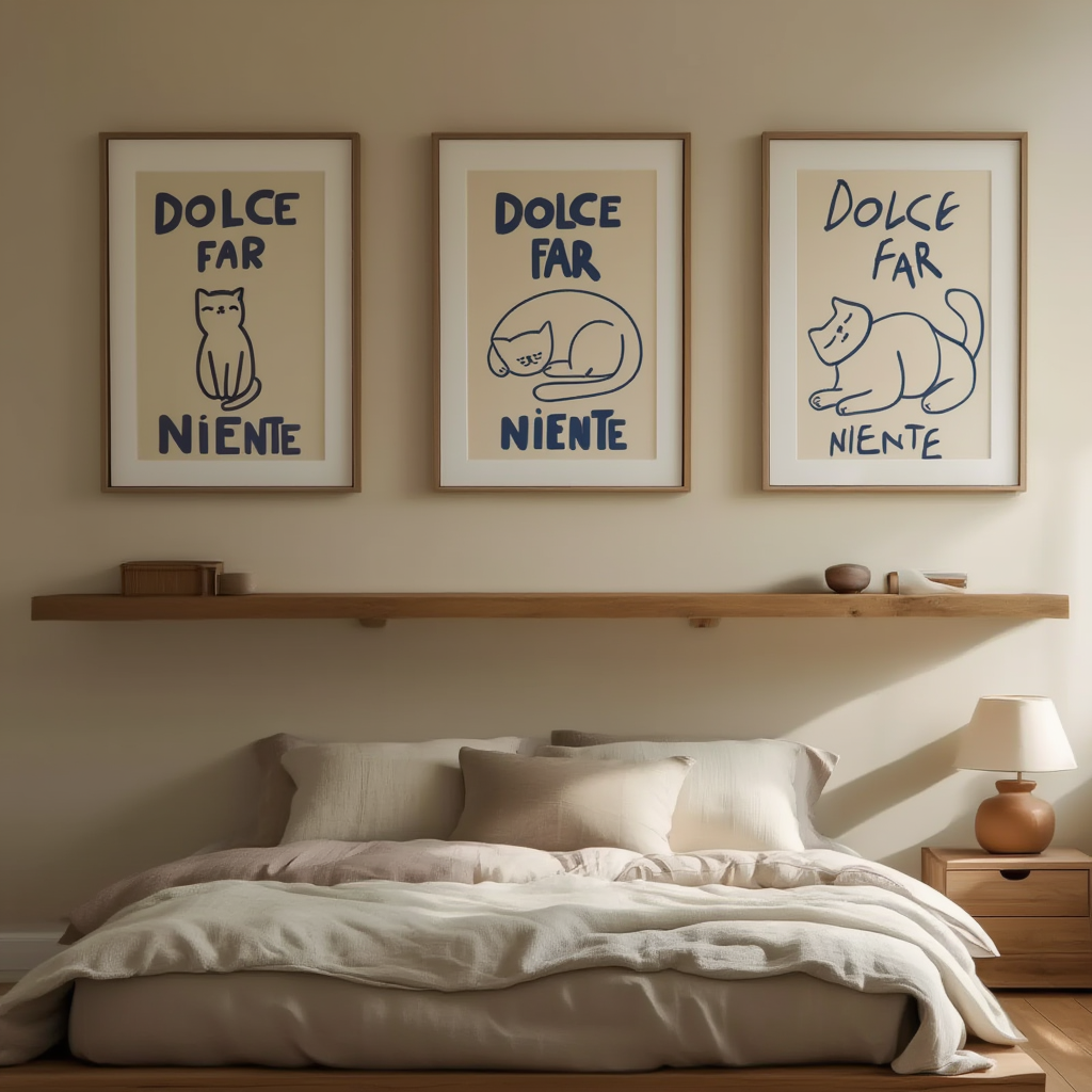 Set of 3 Dolce Far Niente Cat Whimsical Prints – “The Sweetness of Doing Nothing”