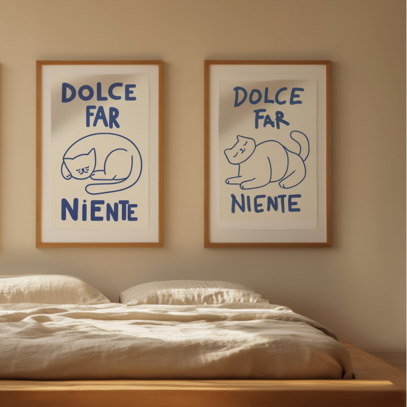 Set of 3 Dolce Far Niente Cat Whimsical Prints – “The Sweetness of Doing Nothing”