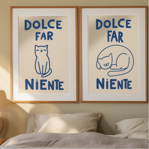 Set of 3 Dolce Far Niente Cat Whimsical Prints – “The Sweetness of Doing Nothing”