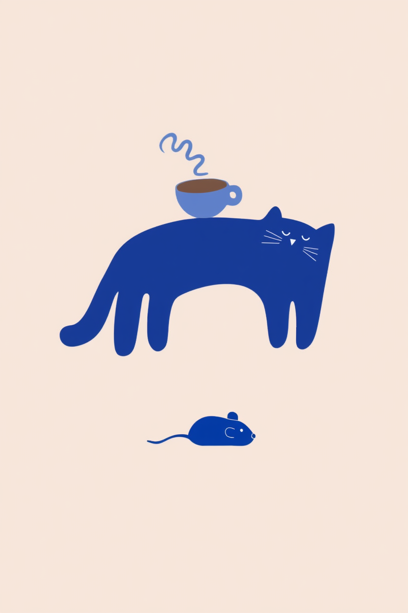 Blue Cat with Coffee – Minimalist Wall Art Print