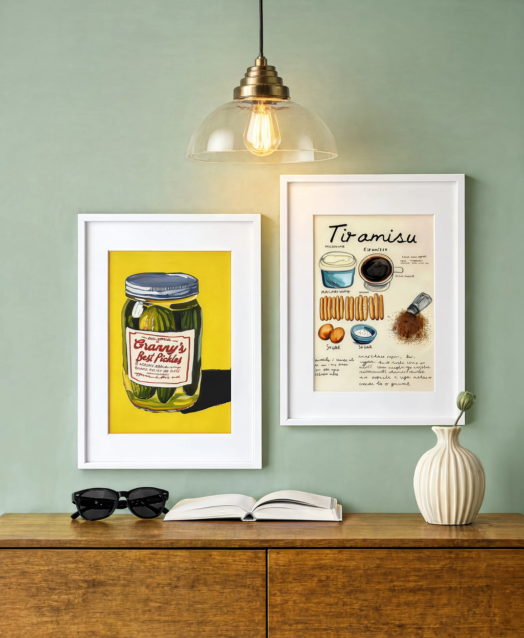 Set of 2 Whimsical Kitchen Wall Art Prints – Granny’s Pickles & Tiramisu Recipe Illustration