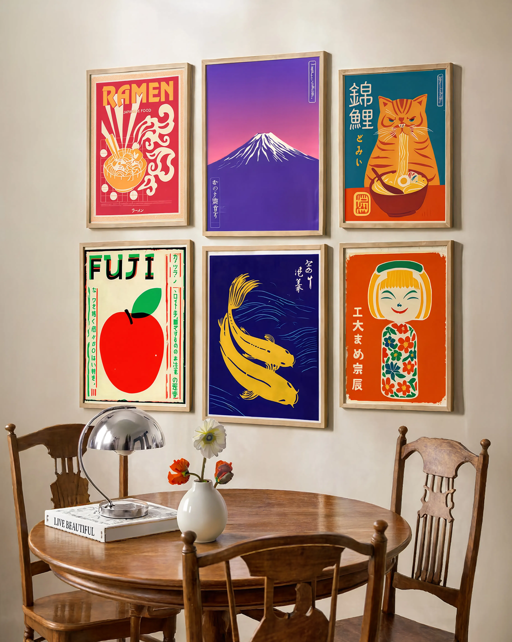 Set of 6 Japanese Wall Art Prints – Ramen, Cats, Mount Fuji & Koi Minimalist Artwork Collection