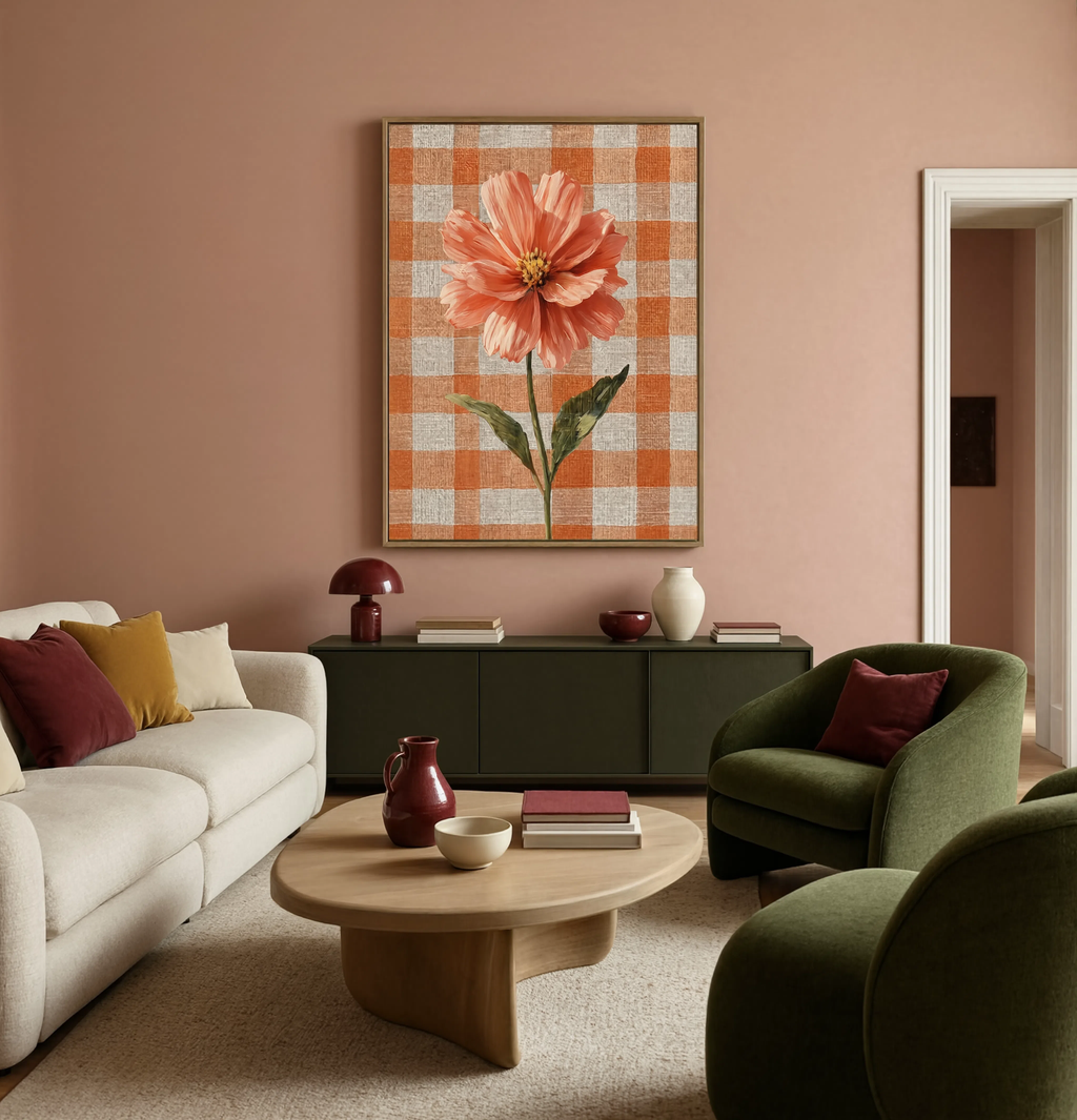 Coral Bloom on Gingham Linen | Contemporary Floral Wall Art Print