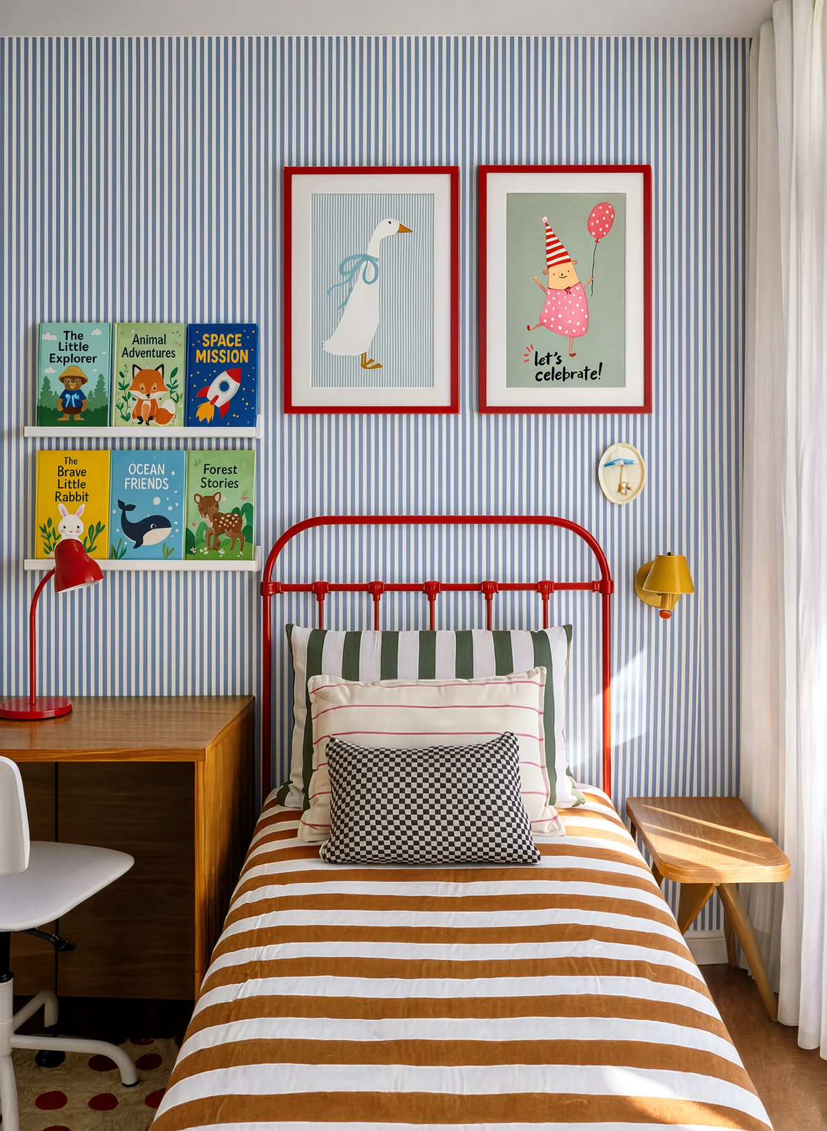 Set of 2 Blue Striped Goose & Celebrations | Scandinavian & Contemporary Folk Art Prints