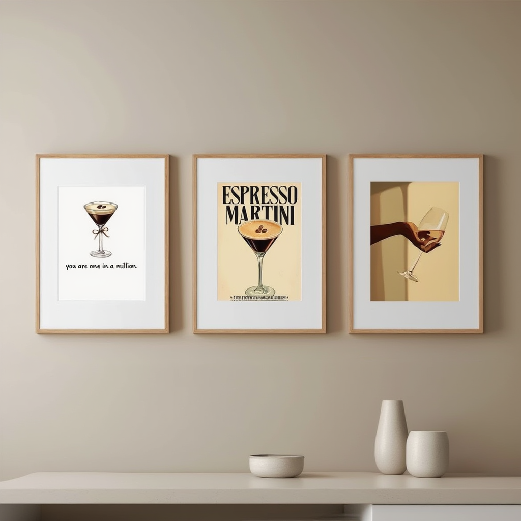 Set of 3 Espresso Martini Cocktail-Inspired Prints – Minimalist Bar Wall Art - Hakyarts