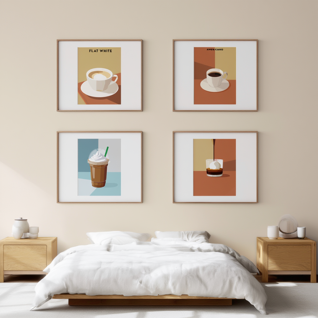 4 Coffee Posters – Affogato, Flat White, Macchiato, Frappuccino & Americano Minimalist Café Wall Art - Hakyarts