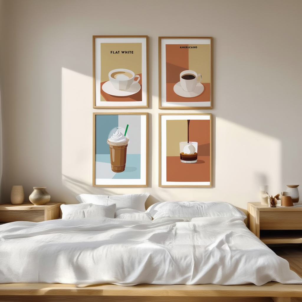 4 Coffee Posters – Affogato, Flat White, Macchiato, Frappuccino & Americano Minimalist Café Wall Art - Hakyarts