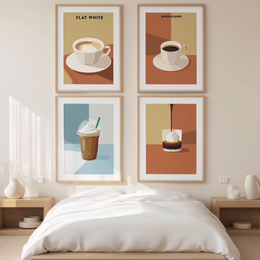 4 Coffee Posters – Affogato, Flat White, Macchiato, Frappuccino & Americano Minimalist Café Wall Art - Hakyarts