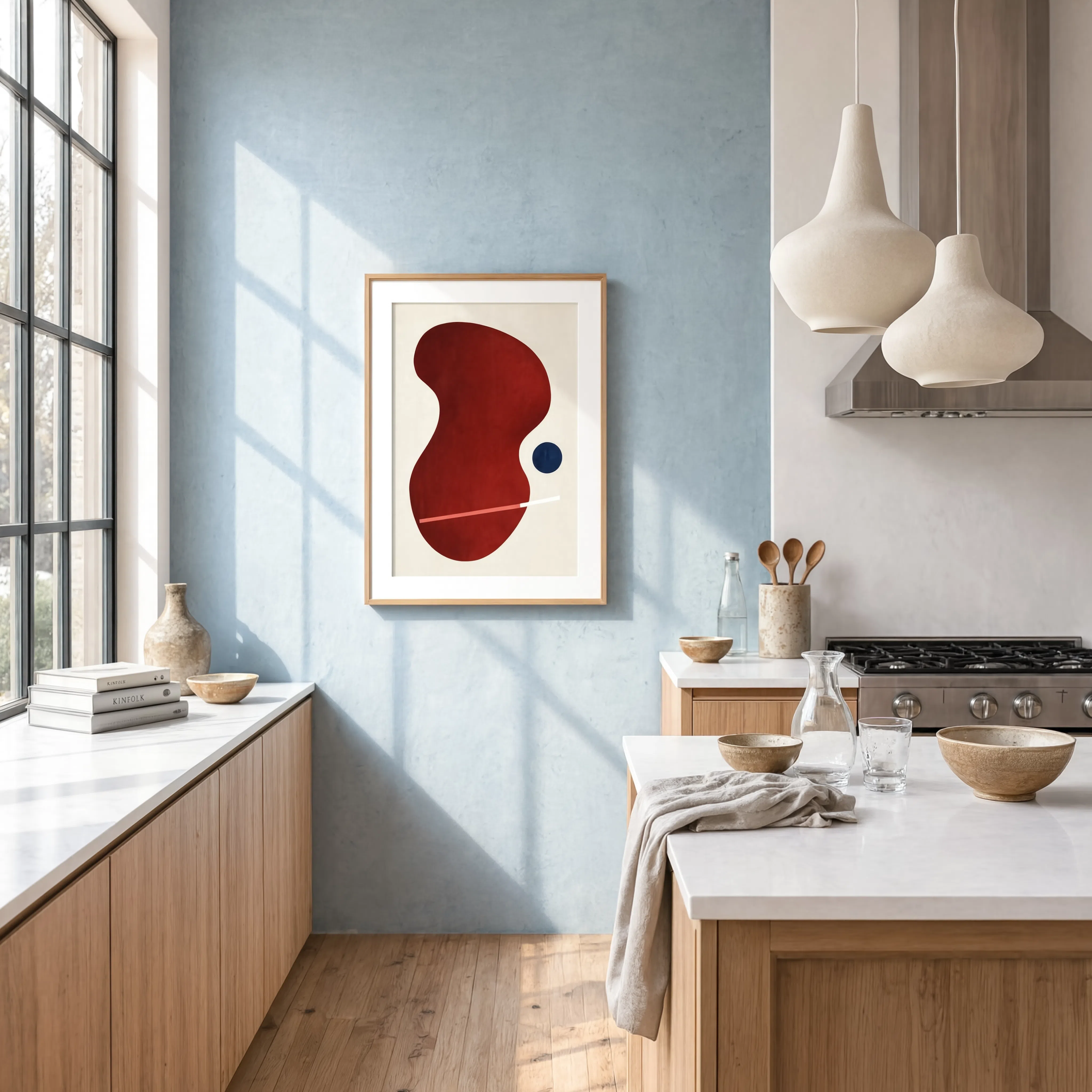 Red Abstract Form I with Blue Dot | Contemporary Abstract Wall Art