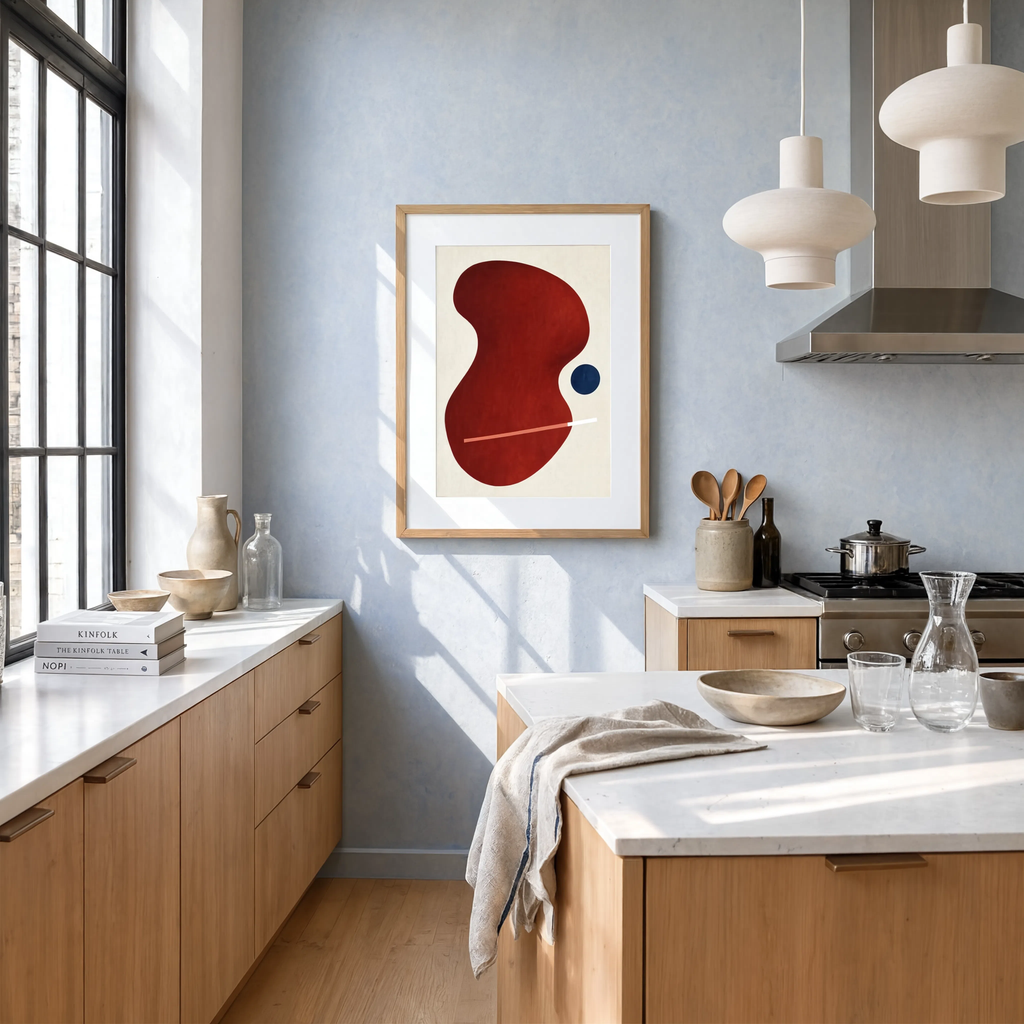 Red Abstract Form I with Blue Dot | Contemporary Abstract Wall Art
