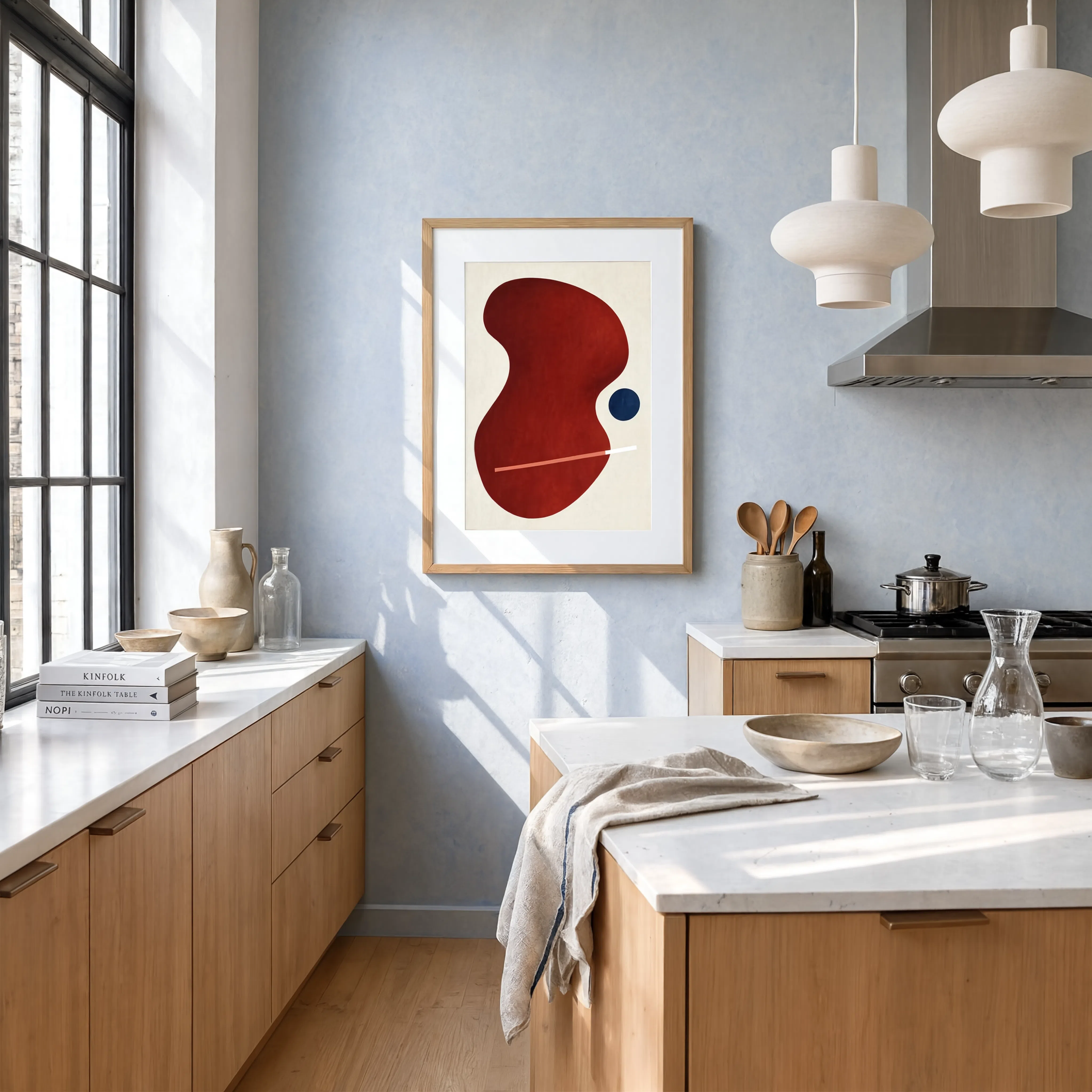 Red Abstract Form I with Blue Dot | Contemporary Abstract Wall Art