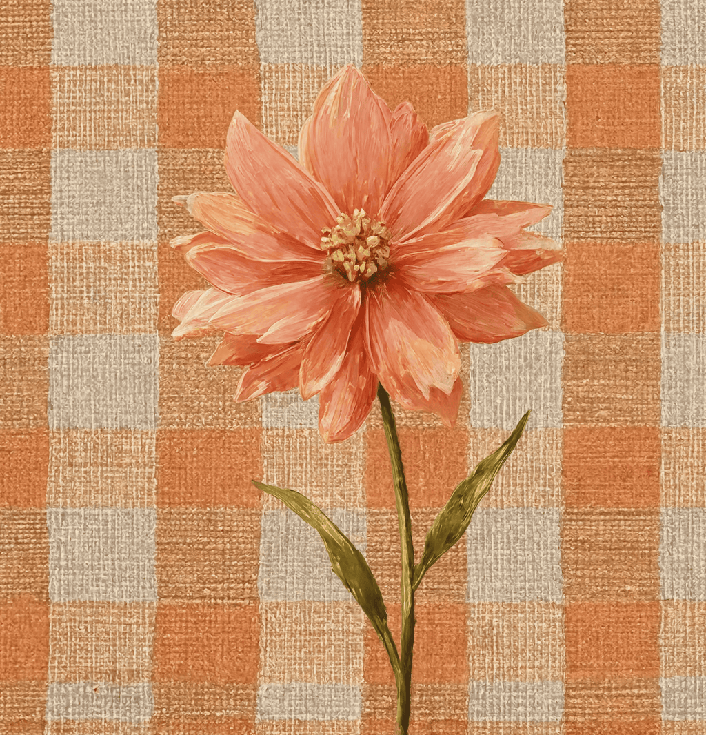 Coral Bloom on Gingham Linen Variation | Contemporary Floral Wall Art Print