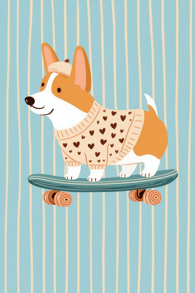 Corgi Skateboard – Playful Mini Deck Wall Art Print