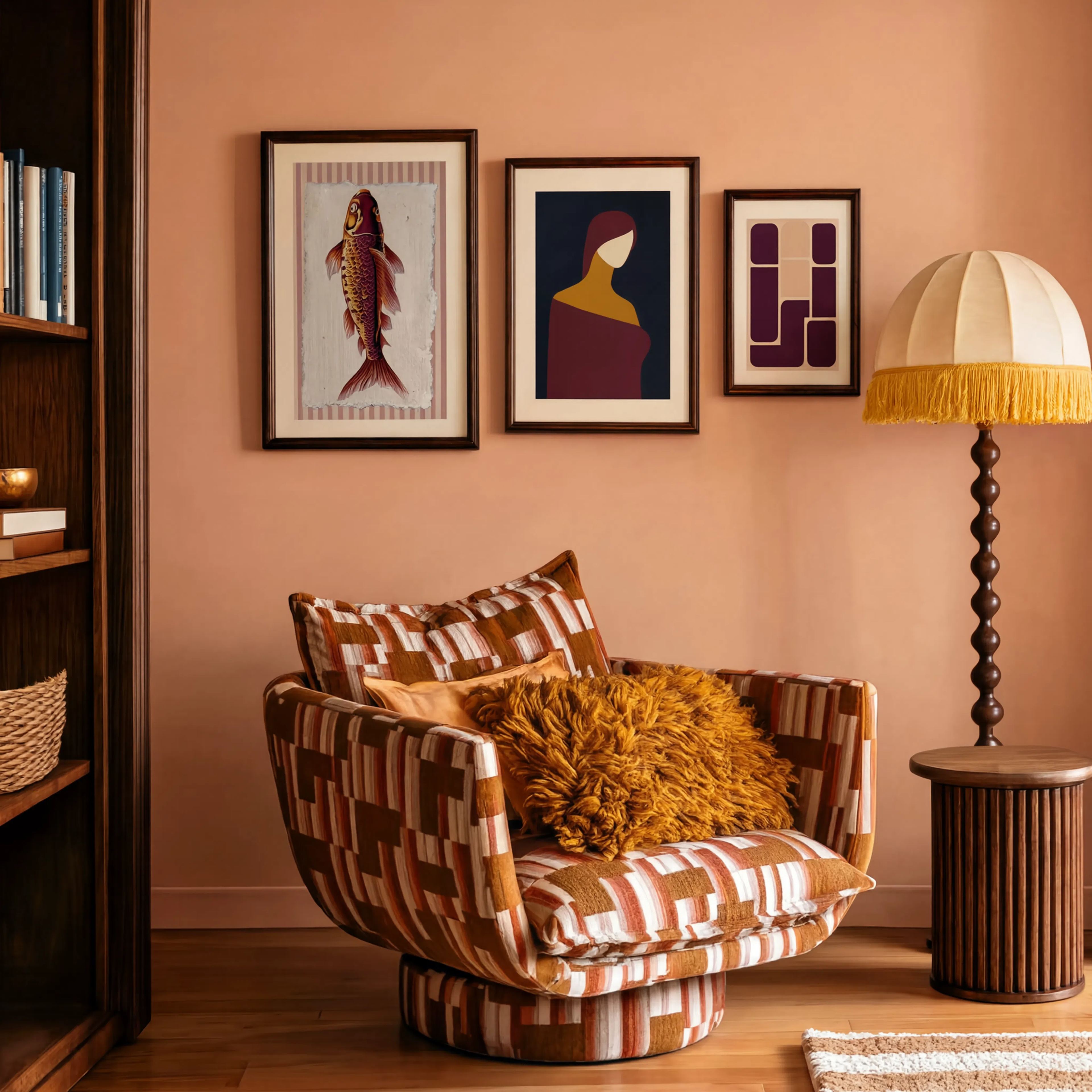 Set of 3 Wall Art Prints – Burgundy Fish, Abstract Geometry & Luminous Veil Figurative Collection