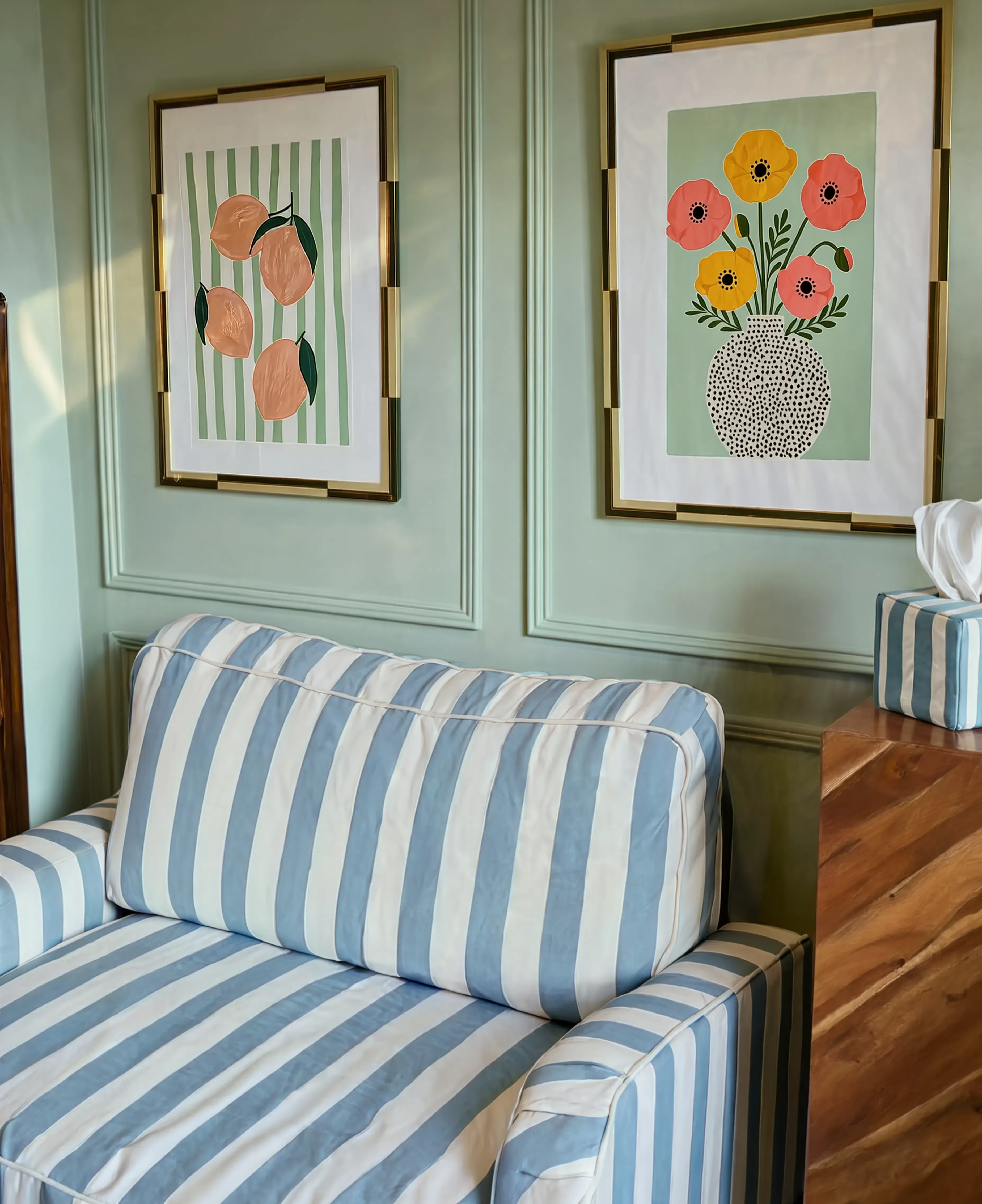 Set of 2 Golden Poppy Vase & Fruit Print – Sage Hues | Contemporary Botanical Still Life Wall Art