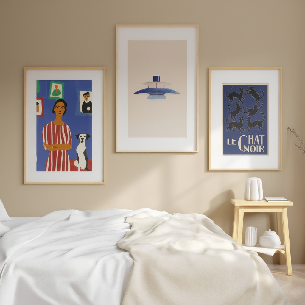 Set of 3 Quiet Moments – Le Chat Noir Lamp Art Prints – Minimalist & Whimsical Wall Art - Hakyarts