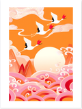 Illustrated Cranes Wall Art – Colourful Japanese‑Style Print