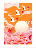 Illustrated Cranes Wall Art – Colourful Japanese‑Style Print