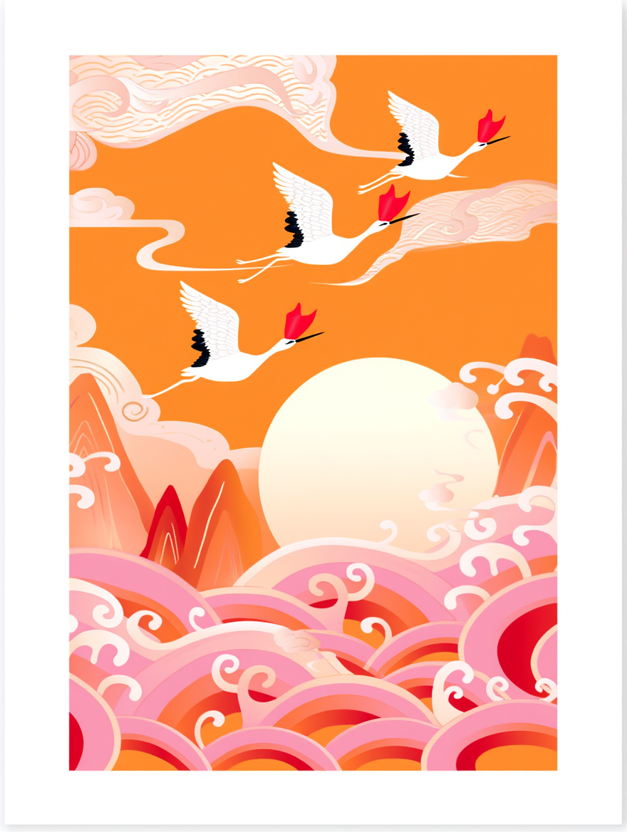 Illustrated Cranes Wall Art – Colourful Japanese‑Style Print