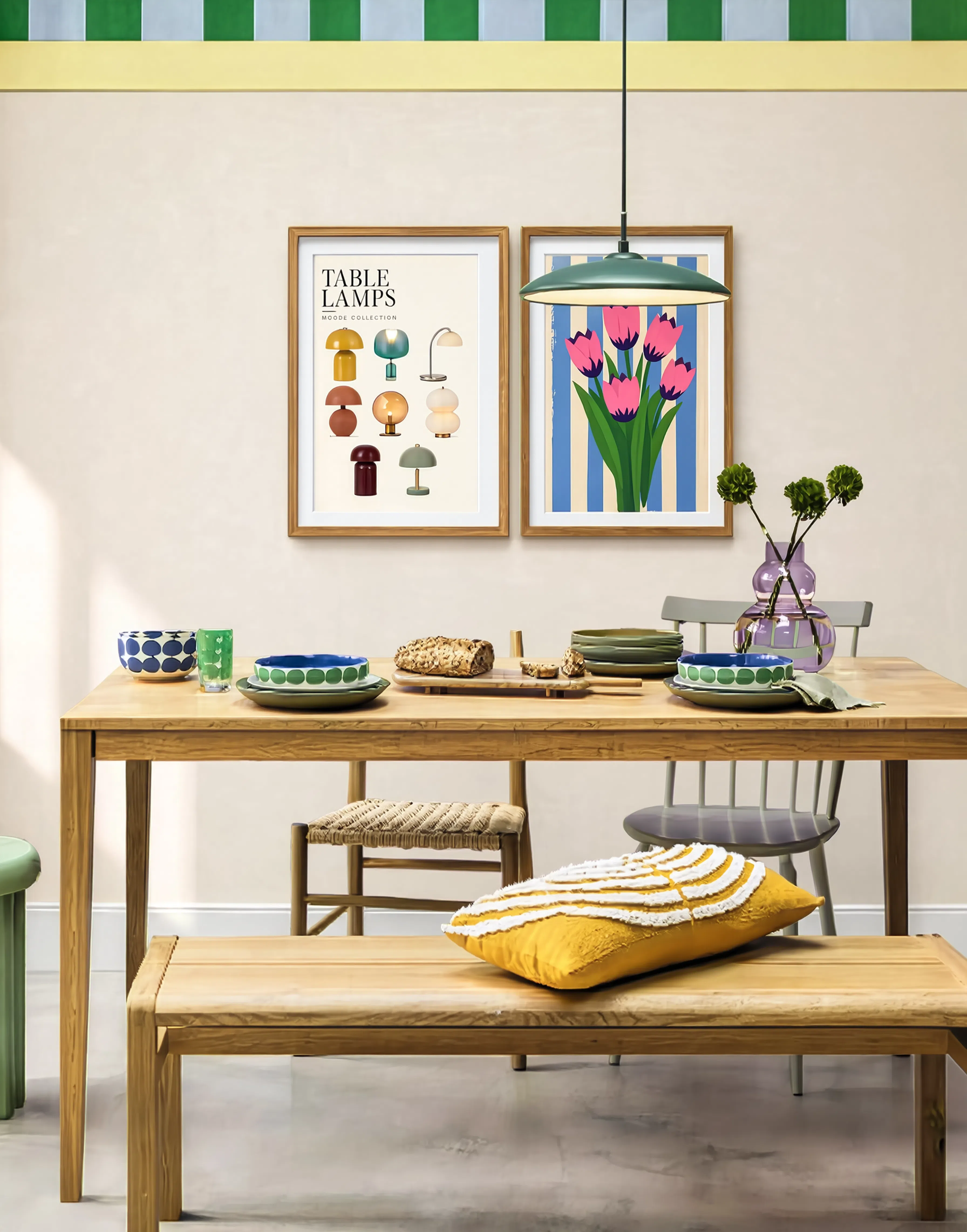 Set of 2 Table Lamps Poster + Tulips Pink Blooms Variation | Contemporary Lighting & Floral Wall Art Prints