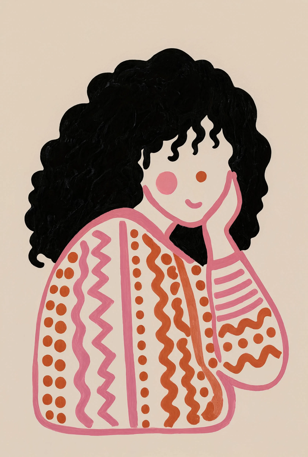 Curly Hair Folk Portrait | Contemporary Figurative Wall Art Print